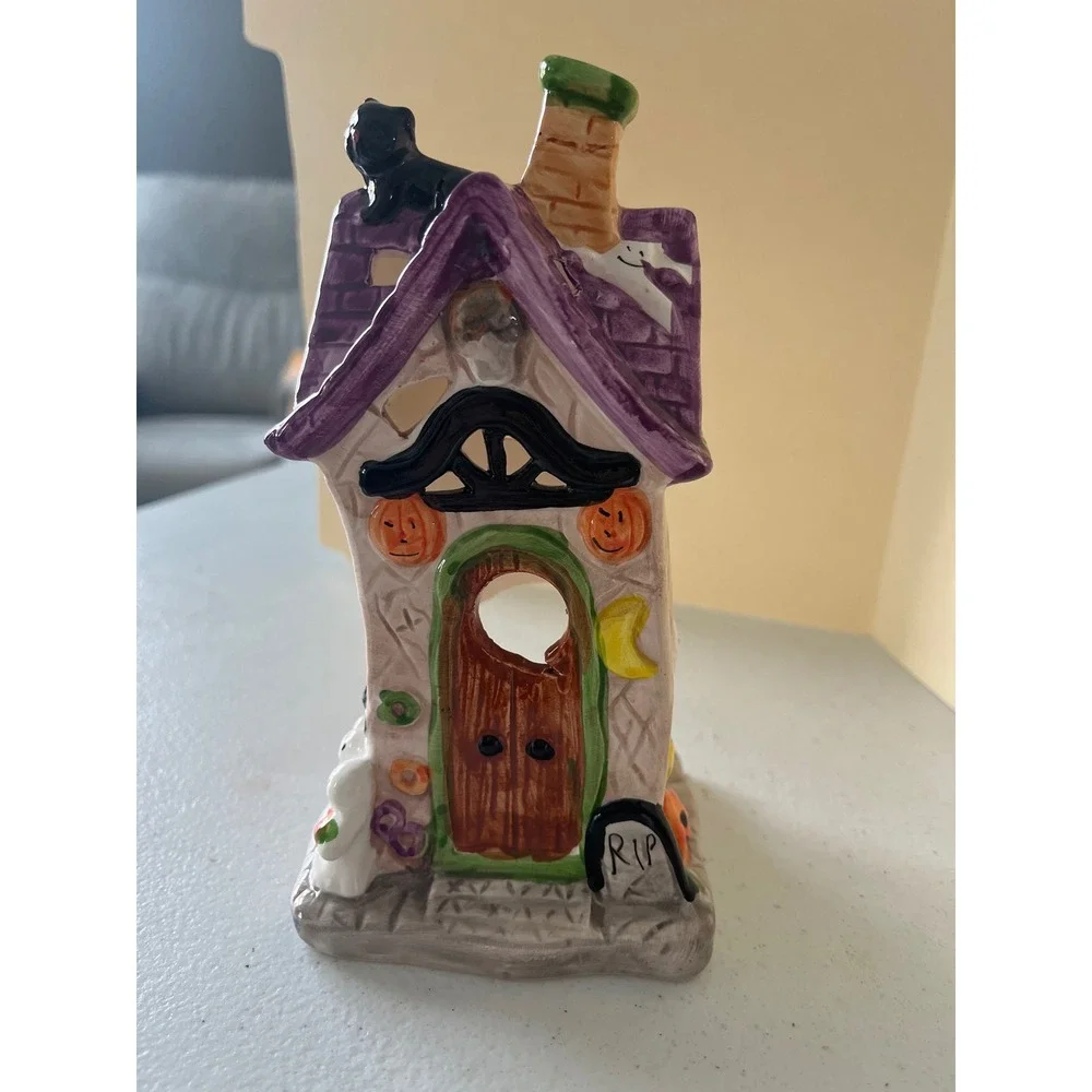 Halloween Haunted House Ceramic Tea Light Candle Holder Ghost Black Cat Pumpkin